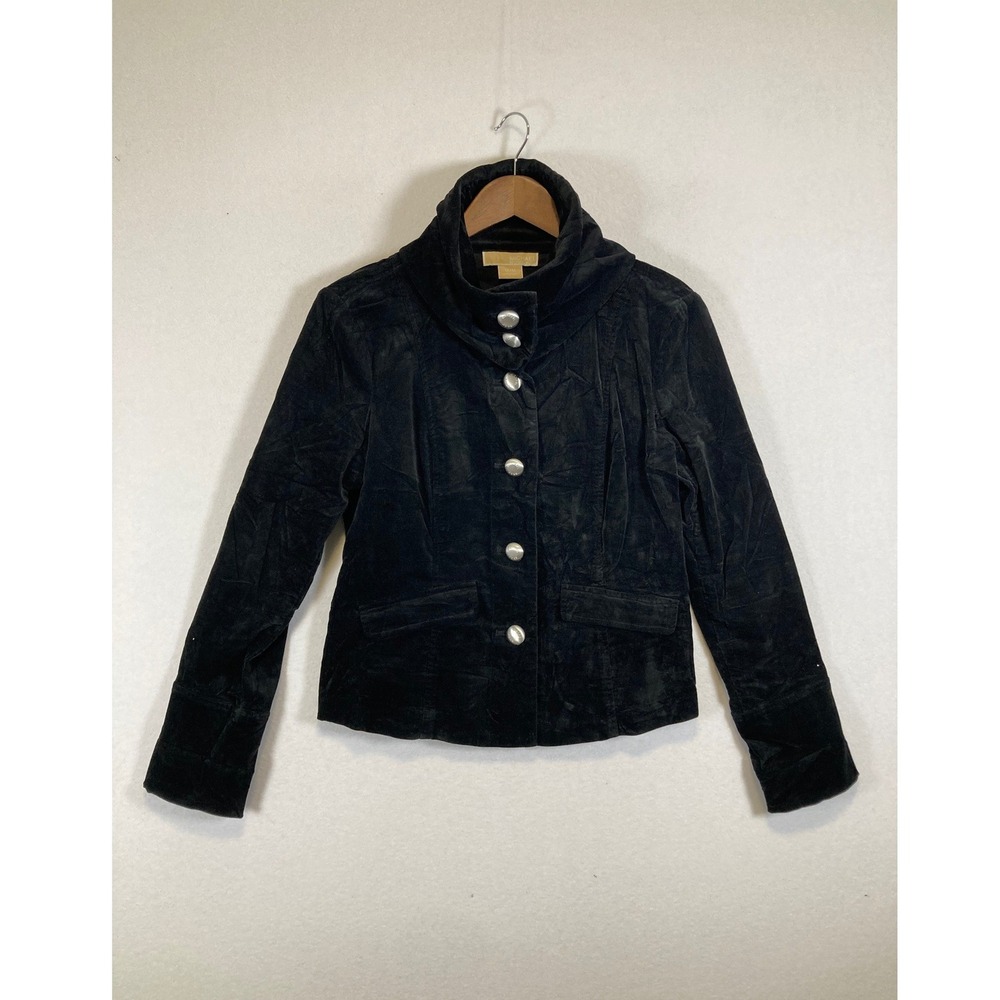Dark Academia Michael Kors Women M Black Corduroy Funnel Neck Button Jacket